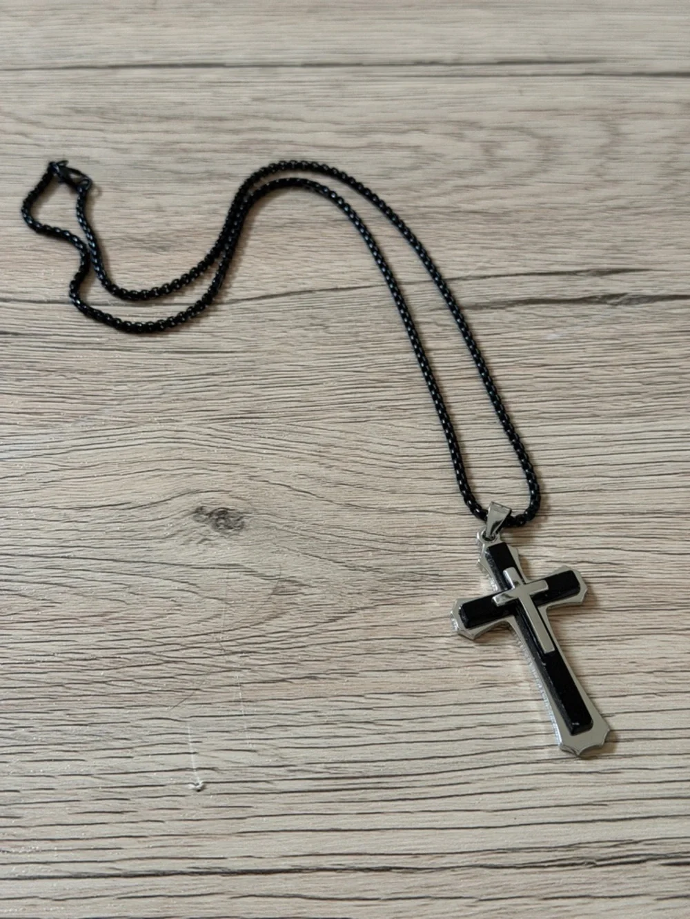 NWT Men’s Black Stainless Steel Layered Cross Pendant Necklace Chain